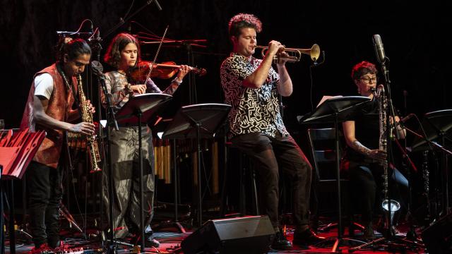 Myrsini Bekakou (violin, arranger), Olivia Jones – (bass clarinet), Nicholas Dourado (sopra-no saxophone), Matt Smith (trumpet) at Jazz & Sonic Arts 2024. Photo by Rita Taylor. 