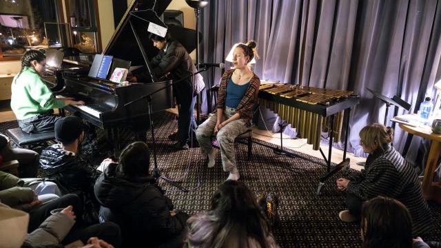 Maddalena Ohrbach from À Mer (voice), Elissa Nakhleh from À Mer (piano), and Aditya Bhat (percussion)BMiR 2025 Open Studio