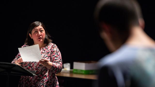 Playwright/performer Mieko Ouchi in a reading of Hiro Kanagawa’s 'Forgiveness' at the 2019 Banff Playwrights Lab. Photo 