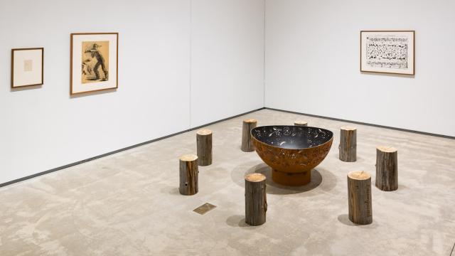 Tania Willard, 'Surrounded/Surrounding', 2018, wood burning fire ring, laser etched cedar woodlogs from SecwépemcTerrito