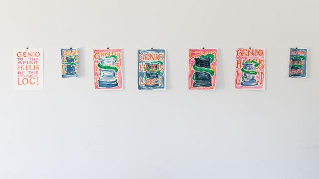 Seven artworks exhibited on the wall of Rachael's studio at Banff Centre