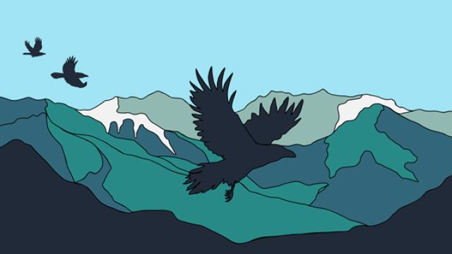 Design of Raven flying over blue and green mountains