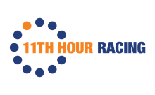 12 dots represent the time on a clock. All are blue except the 11th which is orange. Followed by "11th Hour" in bold capitalized orang text, and "RACING" in blue.