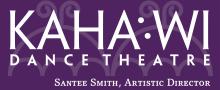 purple rectangle logo with Kaha:wi Dadnce Theatre in white lettering with mirror image white umbrella like design behind